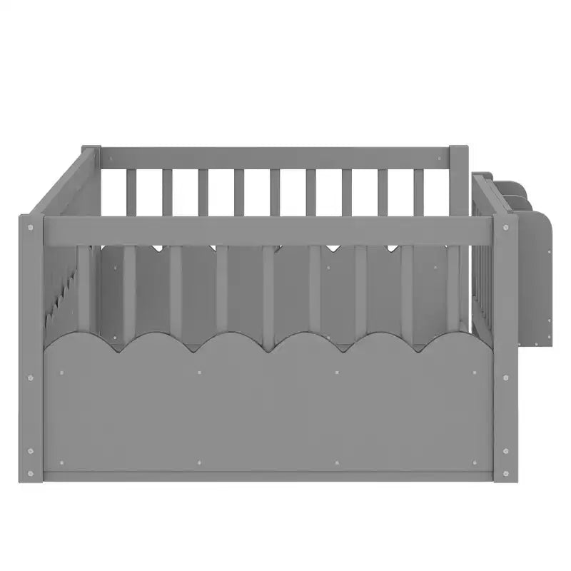 Bellemave Kids Floor Bed with Heightened Fence and Bookshelf, Wooden Twin Montessori Bed Frame for Girls Boys