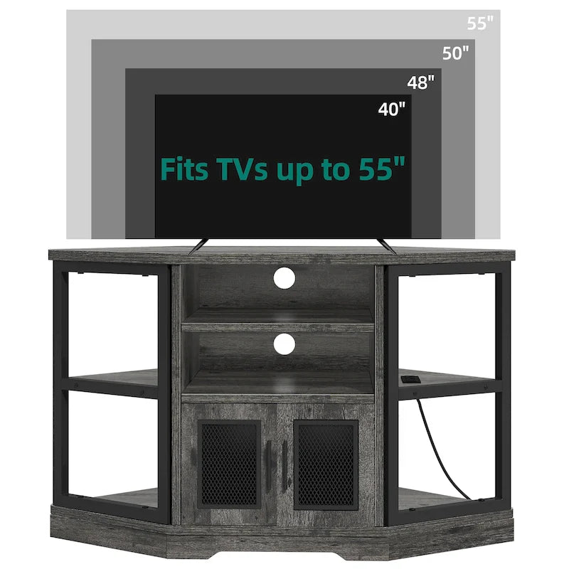 Meuble TV d’angle de style maison de campagne, centre de divertissement et console multimédia pour téléviseurs jusqu’à 55 po, avec prise électrique