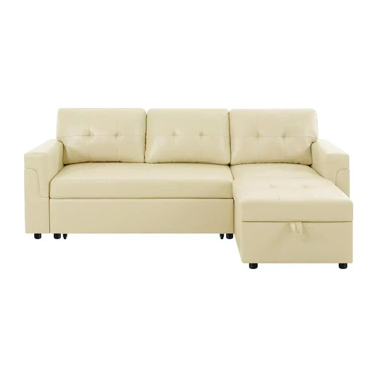 Divano componibile reversibile trasformabile con letto estraibile, chaise longue con contenitore nascosto e gambe resistenti