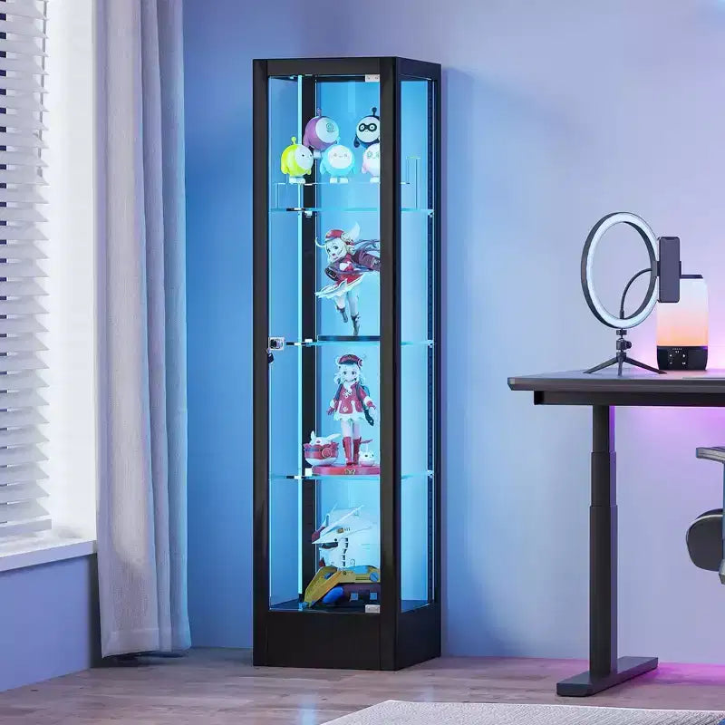 Bekrvio 4-Tier Glass Display Cabinet Case with Lock, 63 Curio Cabinet Tempered Glass Door & Adjustable Shelves