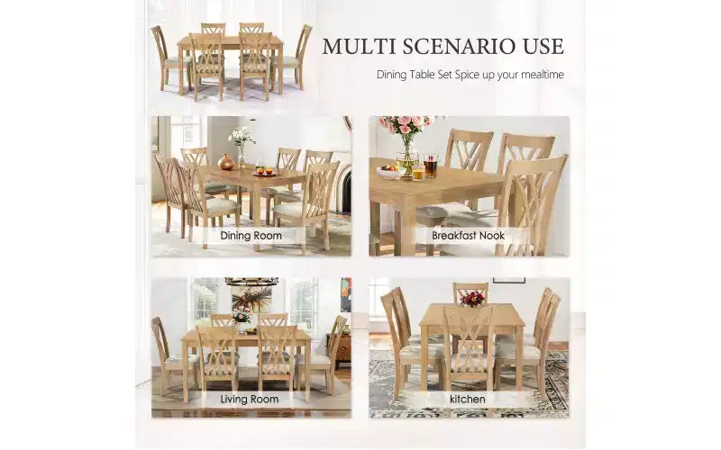 Set da pranzo Zevemomo da 7 pezzi in legno massello con 6 sedie imbottite, set tavolo e sedie salvaspazio per sala da pranzo e cucina, colore legno naturale