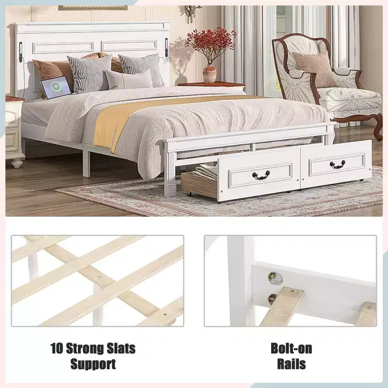 ModernLuxe platformbed voor eenpersoons- of tweepersoonsformaat met hoog hoofdbord, rustiek houten bedframe met 2 laden, ledverlichting en USB-poorten