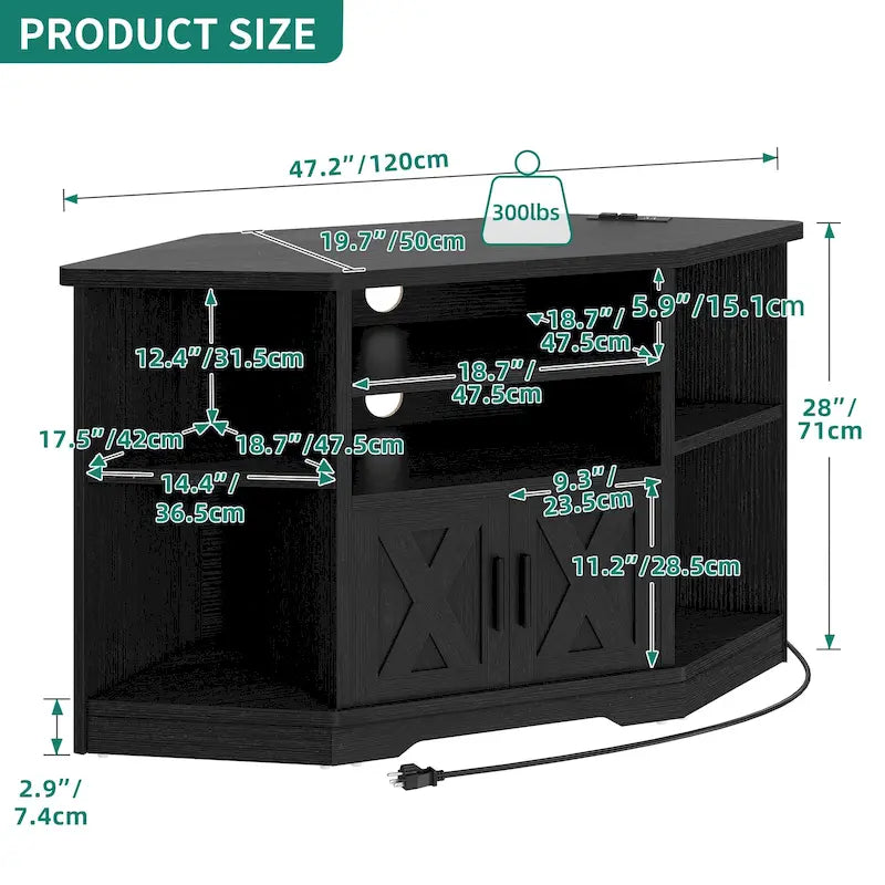 Meuble TV d’angle de style maison de campagne, centre de divertissement et console multimédia pour téléviseurs jusqu’à 55 po, avec prise électrique