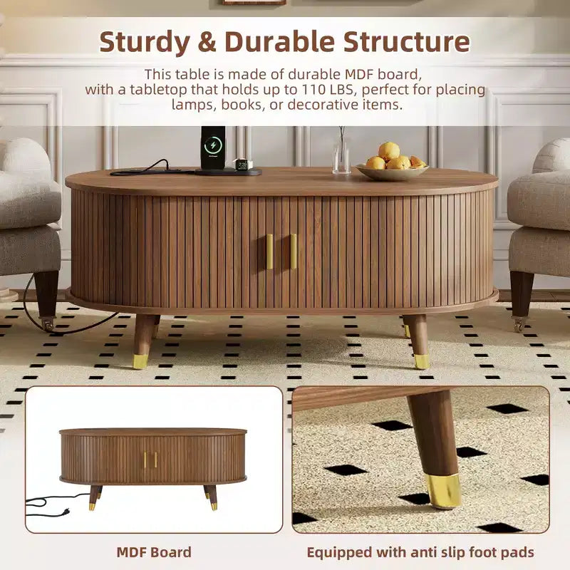 CLIHOME TV-Schrank und Couchtisch-Set aus Holz im Landhausstil mit Ladestation, ovale geriffelte Medienkonsole für Fernseher bis zu 80