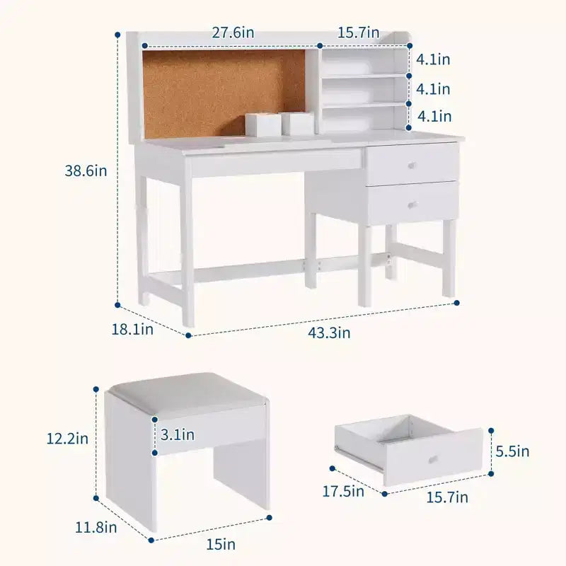 Bureau- en stoelset voor kinderen, houten studeertafel met verstelbaar gekanteld bureaublad, laden en prikbord - school- en leerbureau voor kinderen
