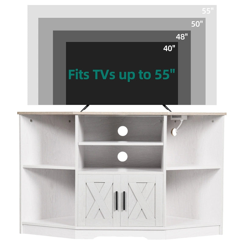 Meuble TV d’angle de style maison de campagne, centre de divertissement et console multimédia pour téléviseurs jusqu’à 55 po, avec prise électrique