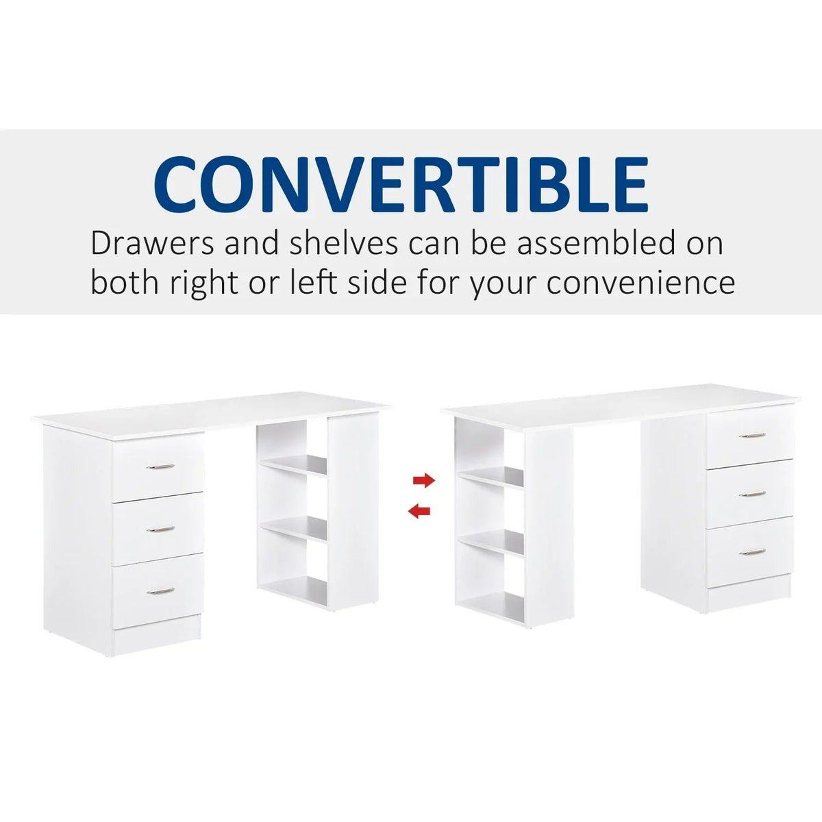 Scrivania HOMCOM 47 con libreria, moderna, per home office, tavolo da scrittura e postazione di lavoro con 3 cassetti e ripiano contenitore - bianca