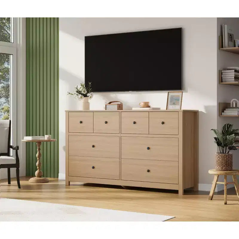 Moderner Kommodenschrank mit 8 Schubladen für das Schlafzimmer, breite Holzkommode mit tiefem Stauraum, freistehender Organizer-Schrank für das Wohnzimmer