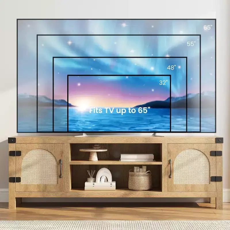 165 cm breiter TV-Schrank im Boho-Stil mit Flechttür – Unterhaltungsschrank aus Holz mit zwei Schränken und verstellbaren Einlegeböden, geeignet für Wohnzimmer