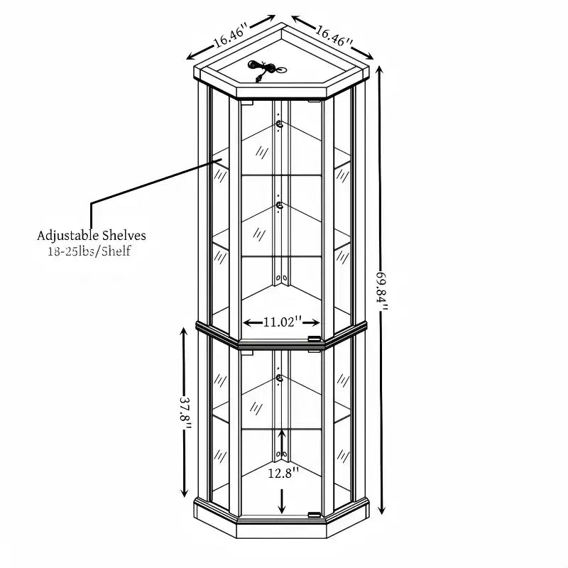 Hoekvitrinekast met glazen deuren en planken, hoekvitrine voor woonkamer