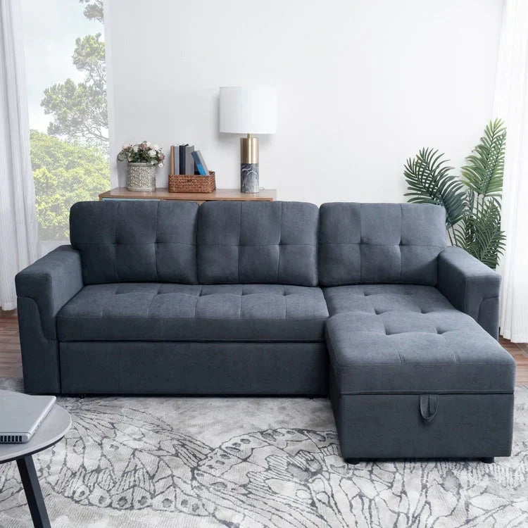 Divano componibile reversibile trasformabile con letto estraibile, chaise longue con contenitore nascosto e gambe resistenti