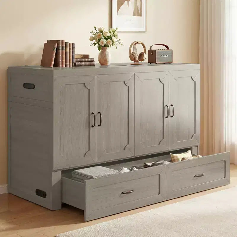 Mjkone Queen Size Convertible Murphy Cabinet Bed with Mattress, USB Charging, Storage Drawers