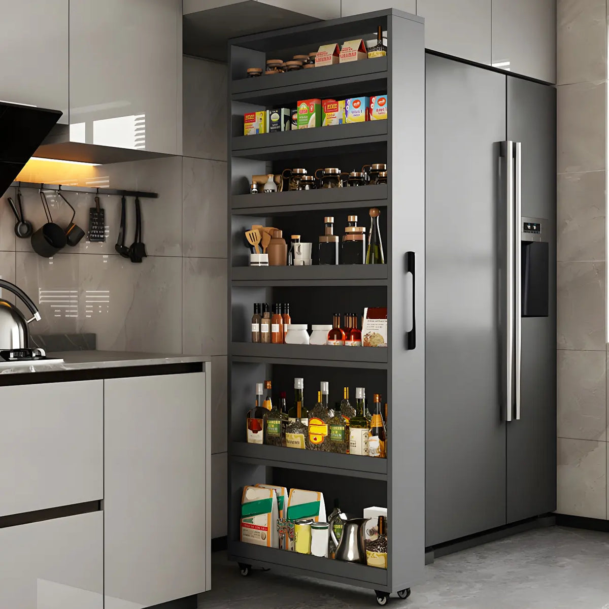 Buffet moderne en bois avec étagères ouvertes et roulettes