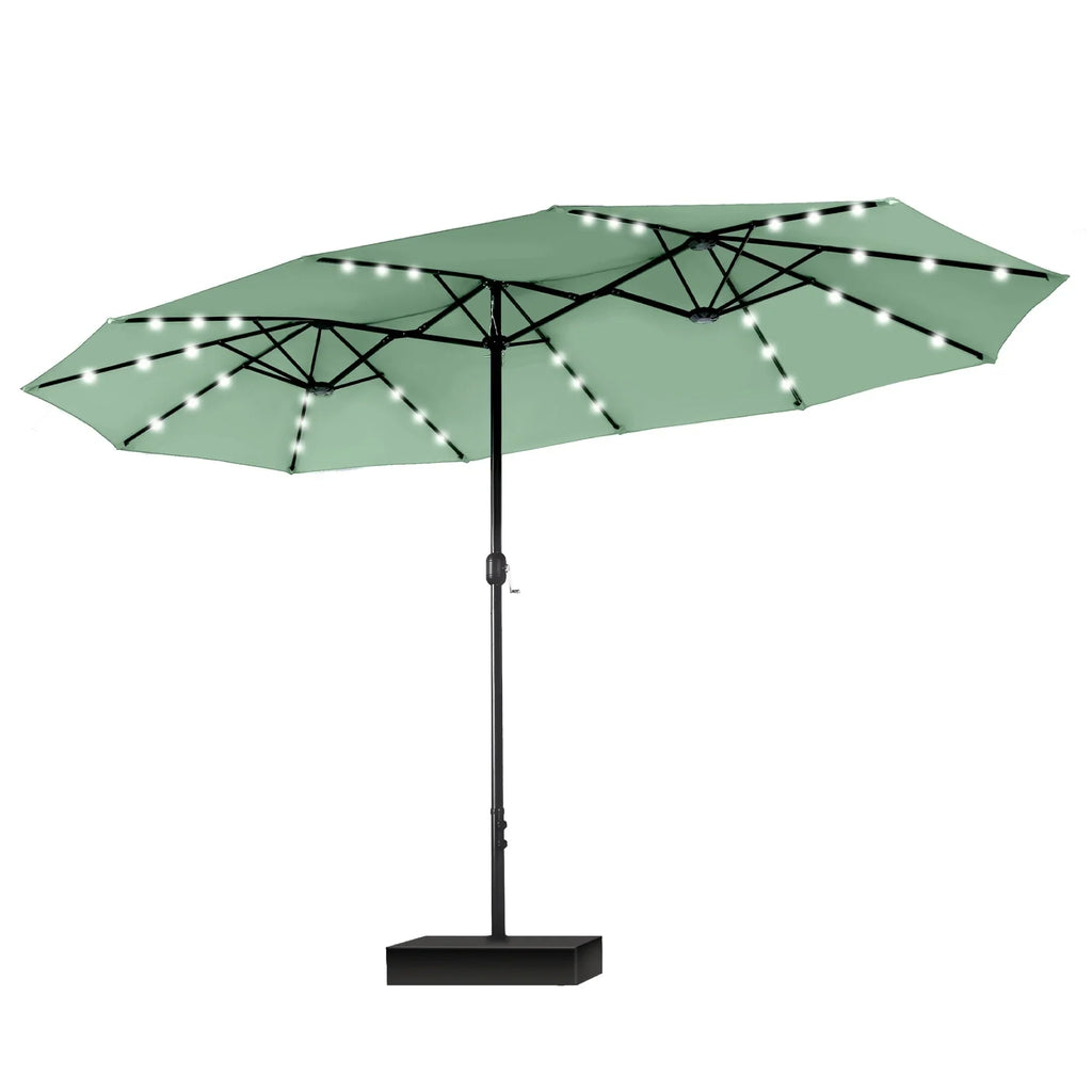 MAISON ARTS rechthoekige dubbelzijdige buitenparasol van 4,57 meter met slinger, zonnelampen en meegeleverde voet