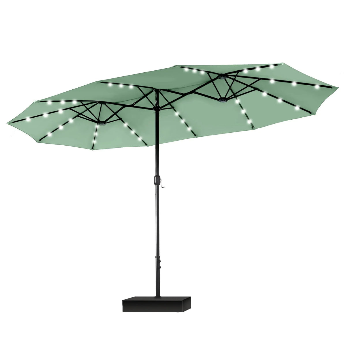 MAISON ARTS rechthoekige dubbelzijdige buitenparasol van 4,57 meter met slinger, zonnelampen en meegeleverde voet