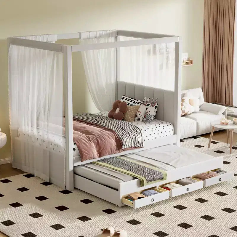 Letto a piattaforma a baldacchino matrimoniale con rivestimento in lino, letto estraibile e tre cassetti contenitori