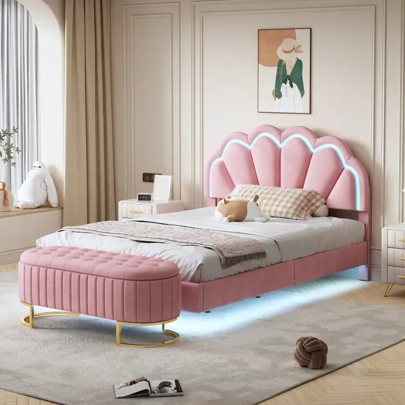 2-teiliges Schlafzimmer-Set: LED-Polsterbett in voller Größe mit Stauraumhocker