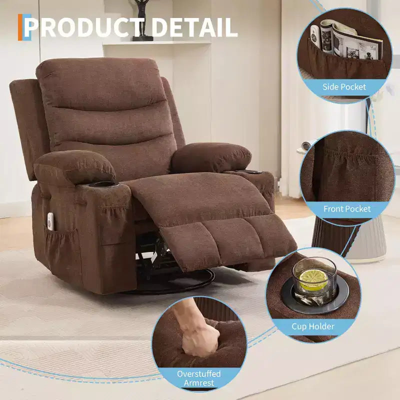 Sillón reclinable mecedor giratorio de 360° extragrande con masaje y calor: silla ergonómica de descanso con portavasos y bolsillos laterales para la sala de estar o el dormitorio infantil