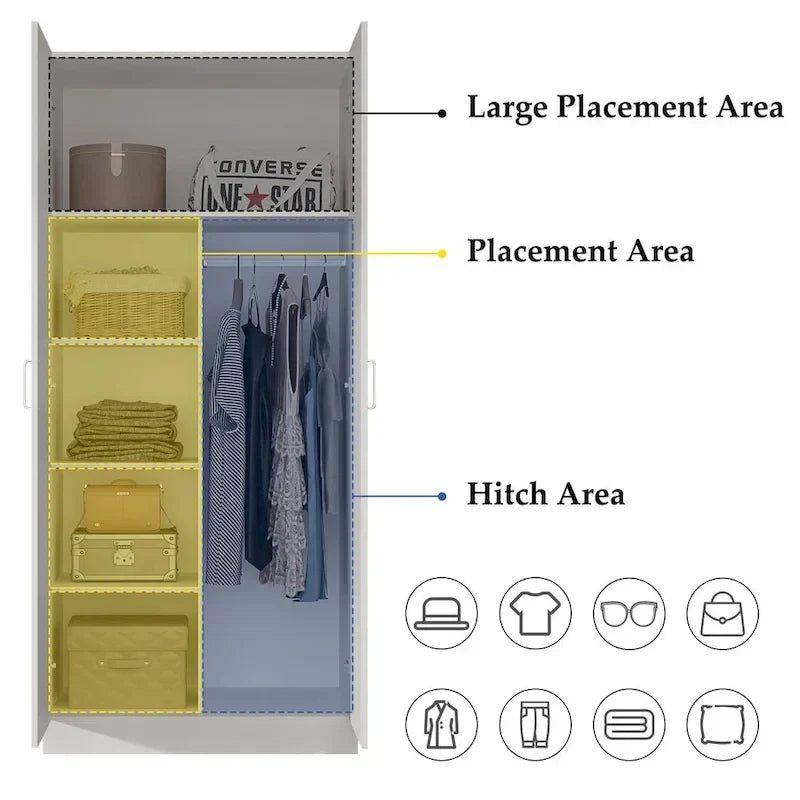 Armadio guardaroba a 2 ante, armadio indipendente per camera da letto con barra appendiabiti