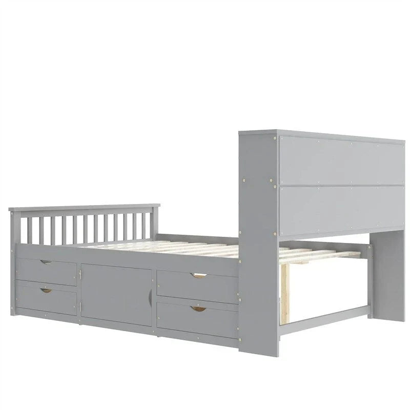 Twin/Full Size Captain Platform Bed with 4 Drawers and Storage Shelves, Solid Wood Bed Frame with Storage Bookcase Headboard