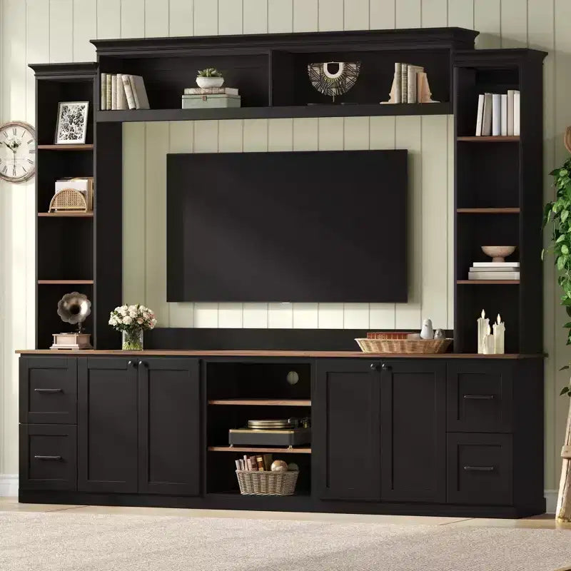 ModernLuxe 4-in-1 Farmhouse Entertainment Center Wall Unit, Fits TVs Up to 70, TV Stand Media Console w/ Adjustable Shelves & Drawers