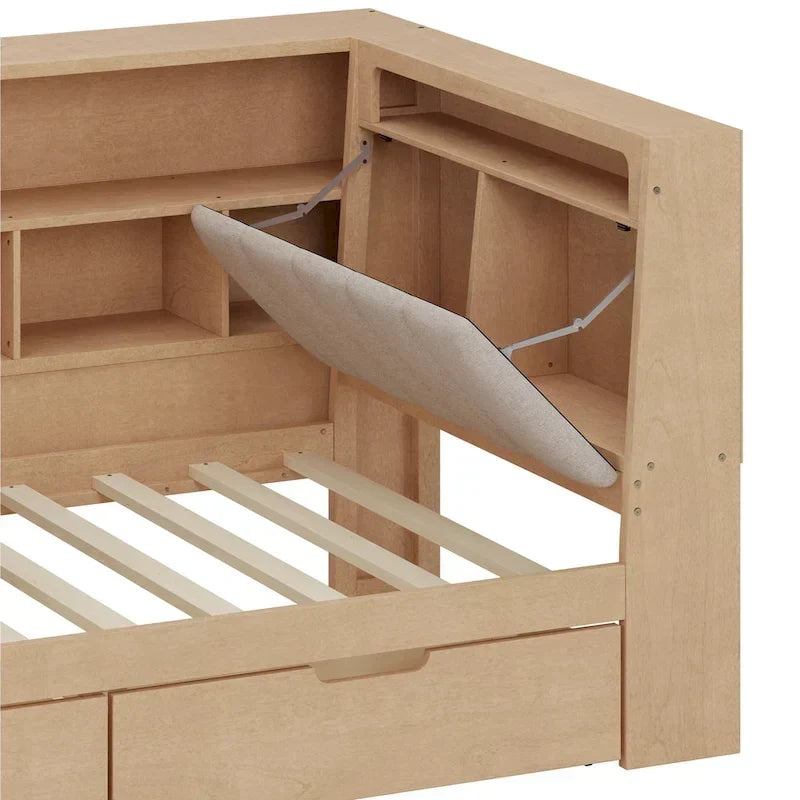 L-förmiges Holz-Sofa-Tagesbett mit Schreibtisch, Bücherregal-Schrank, Eckbett mit Schubladen unter dem Bett, gepolstertem Kopfteil und integrierter Beleuchtung