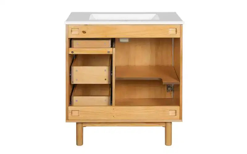 JVNOXK 30-inch Rustic Modern Ceramic Vanity Cabinet with 3 Drawers and 1 Large Soft-Close Door, Storage Cabinet, Natural Wood Grain