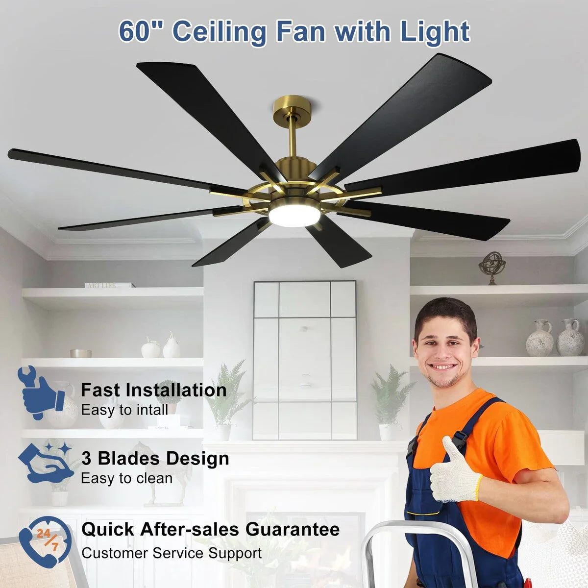Ventilatore da soffitto con telecomando e luci, grande, con 8 pale in legno