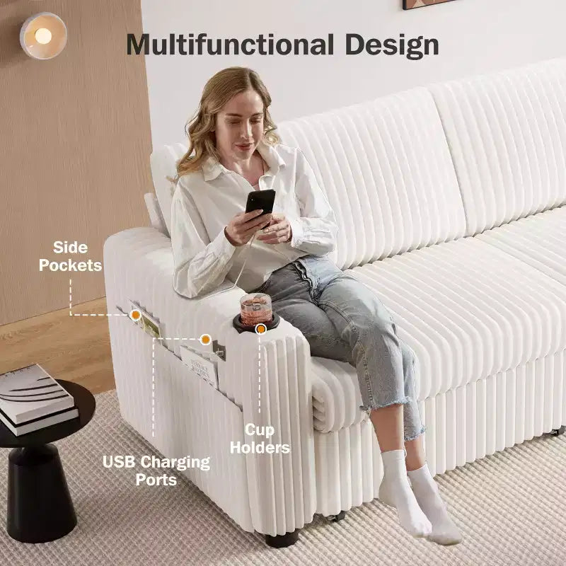 Dyonery 91-delige slaapbank met chaise longue en uitschuifbaar bed, verstelbare rugleuning/twee uitschuifbare bedden/USB-poorten/bekerhouders, zacht corduroy