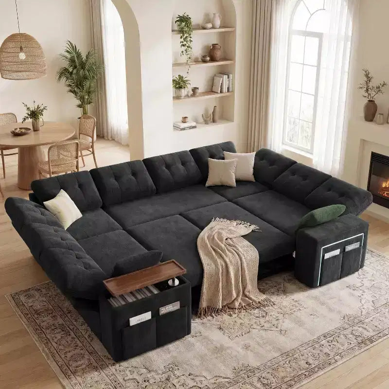 Dyonery 112 Modular Sectional Sleeper Sofa with Pull Out Bed,U-Shaped Sectional Couch with Storage,Extra Wide & Deep Seat Couches for Living Room