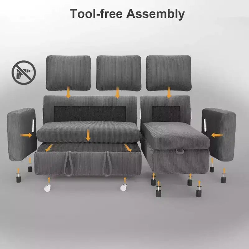 Dyonery 2-in-1-Schlafsofa zum Ausziehen mit Stauraum und Récamiere, Cord-Ecksofa mit USB-Anschlüssen für das Wohnzimmer