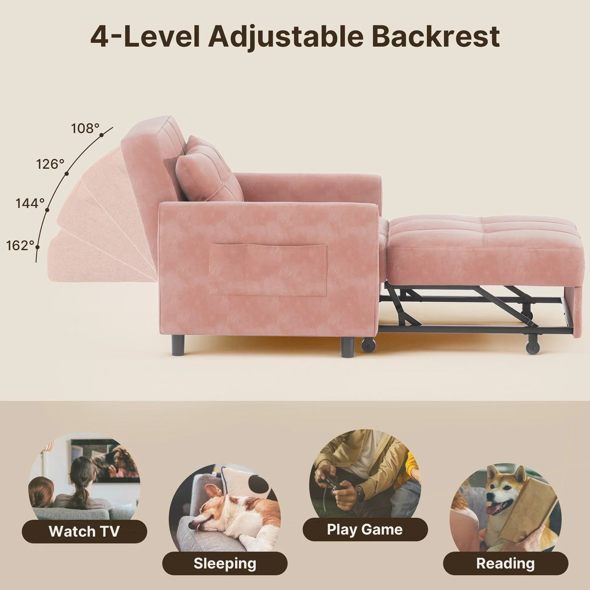 3-in-1-Schlafsofa mit verstellbarer Rückenlehne, ausziehbarer Sessel, umwandelbares Klappbett fürs Wohnzimmer