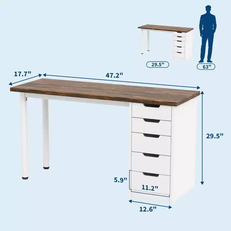 47 Inch Computer Desk with 5 Storage Drawers, Reversible Modern Rustic Study Writing Table, Home Office Workstation for Small Spaces