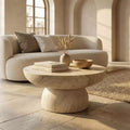 Round Fiberstone Pedestal Coffee Table, Indoor & Outdoor Sculpted Accent Table with Anti-Slip Foot Pads