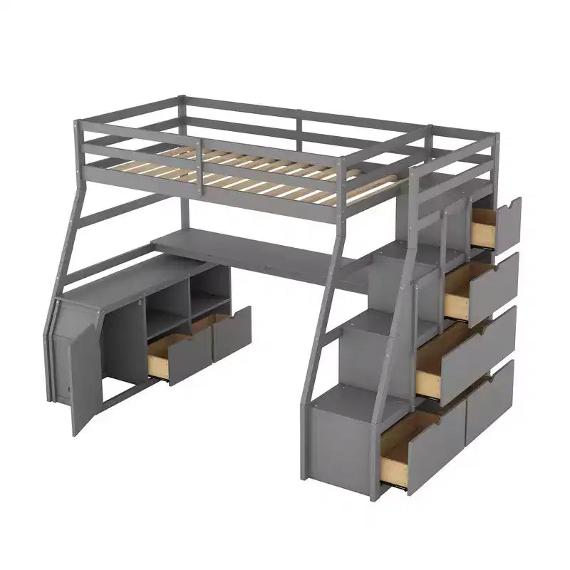 Twin Size Loft Bed with 7 Drawers, 2 Shelves, Cabinet and Desk for Kids and Teens