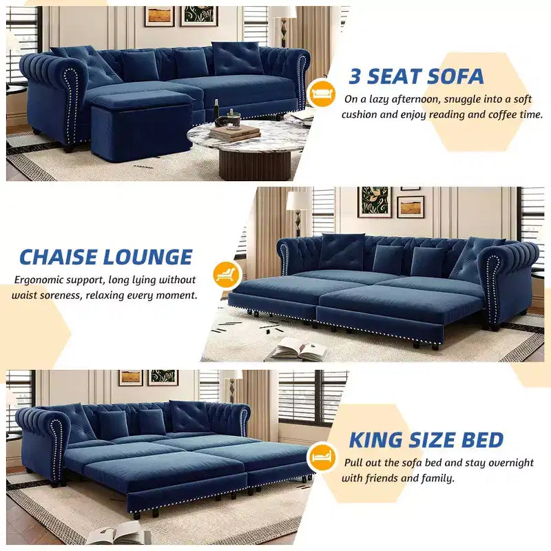 Whisen Samt-Schlafsofa in King-Size mit Ausziehfunktion und 3-in-1-Funktion, wandelbares Schlafsofa mit beweglichem Hocker und Steppdesign