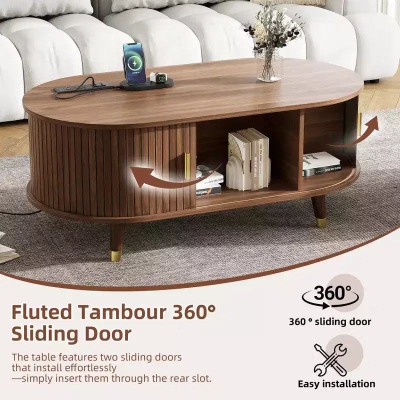 CLIHOME TV-Schrank und Couchtisch-Set aus Holz im Landhausstil mit Ladestation, ovale geriffelte Medienkonsole für Fernseher bis zu 80