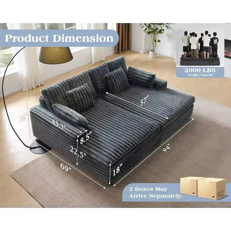 AMERLIFE 93 dubbele chaise longue voor twee personen, diepe Cloud-bank met lendekussens en brede armleuningen, eenvoudige montage, imitatiebont