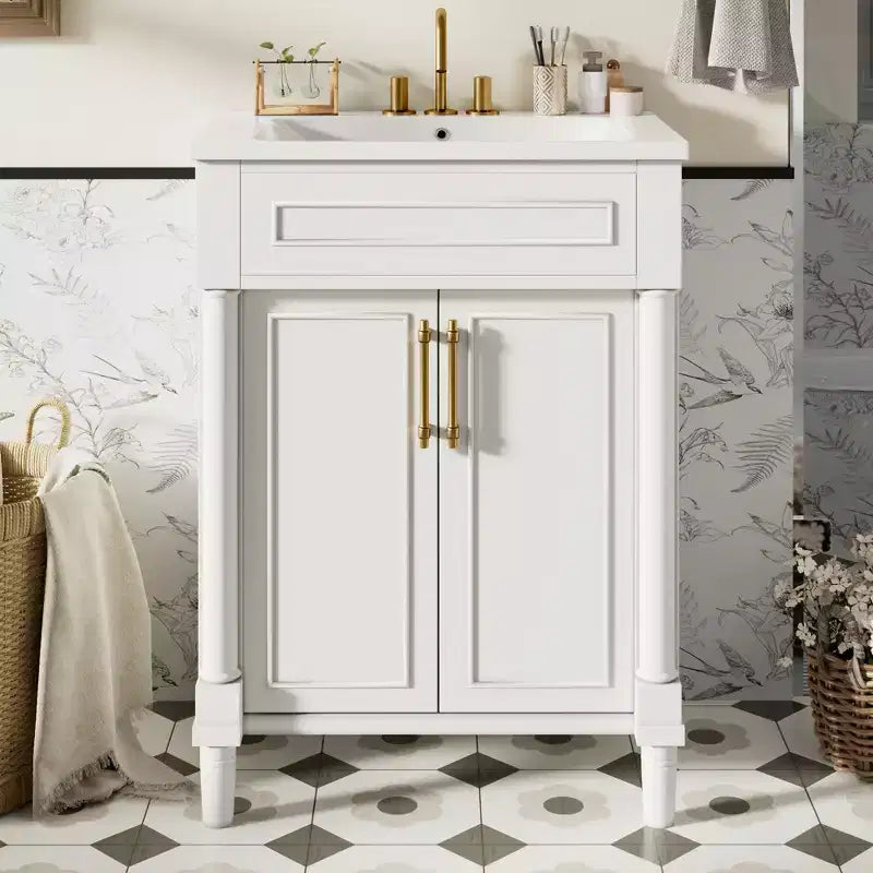 Mobile da bagno da 24 pollici con lavabo in ceramica, mobile in stile Shaker, 2 ante a chiusura ammortizzata, struttura in legno massello per bagno piccolo o bagno di servizio