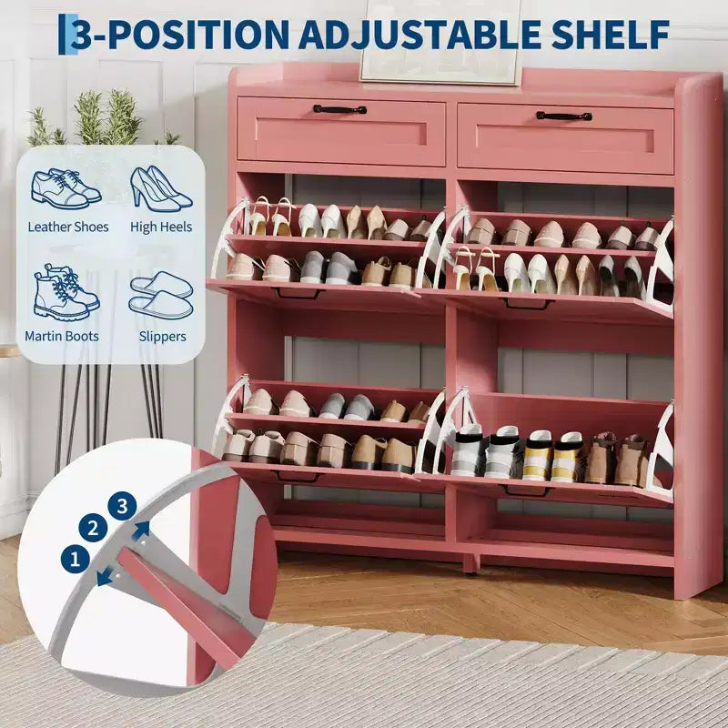 Shoe Cabinet with 4 Flip Drawers & 2 Top Drawers, Wooden Shoe Organizer Cabinet with Adjustable Shelf, Freestanding Shoe Storage Cabinets