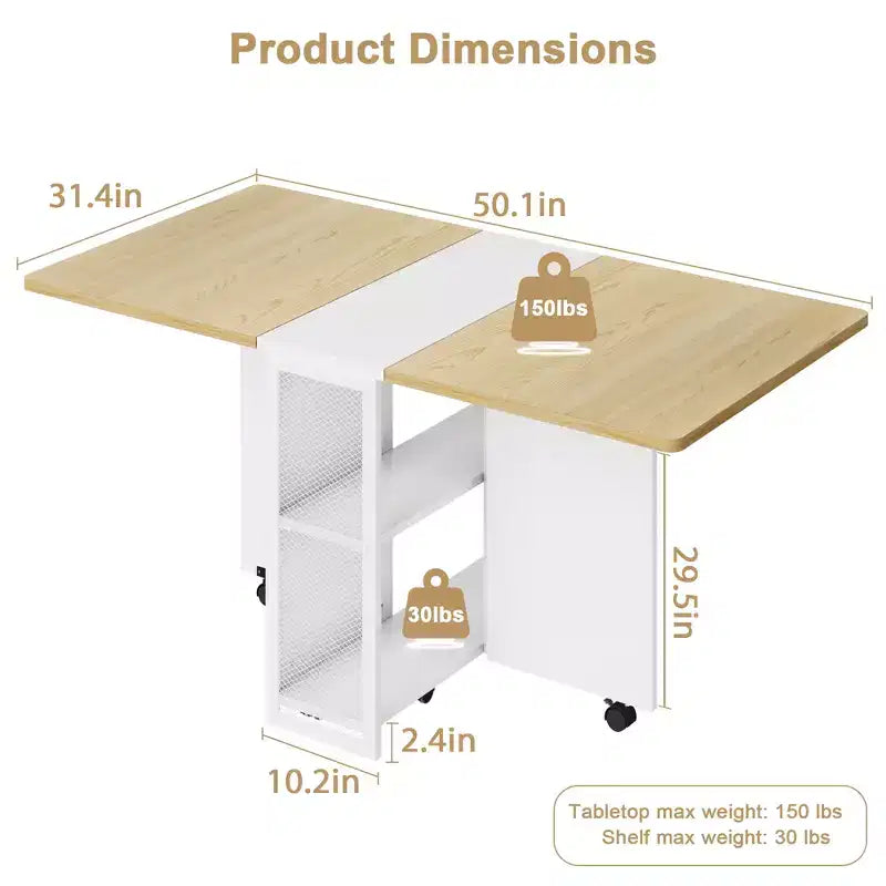 Inklapbare eettafel voor de keuken, ruimtebesparende eettafel, uitschuifbare keukentafel met neerklapbaar blad en 6 wielen voor kleine ruimtes