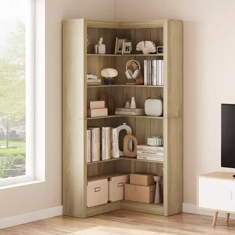 Schwarz/Weiß/Holz/Retro, L-förmiges Eckbücherregal, 5 Ebenen, Einzelstück