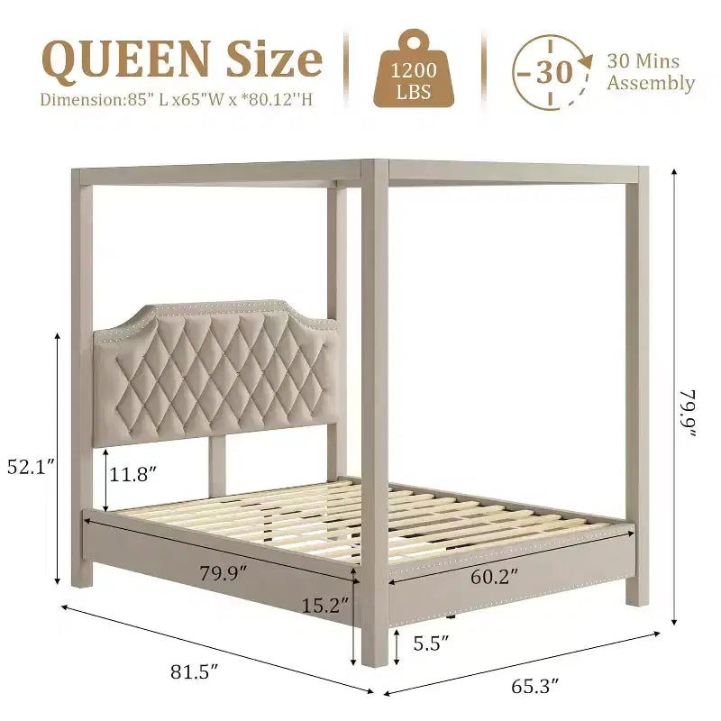 Queen-Size-Himmelbettgestell mit Pfosten, 4-Ecken-Betthalterungen, Lattenrost aus Massivholz, keine Bettfeder erforderlich, geräuschlos
