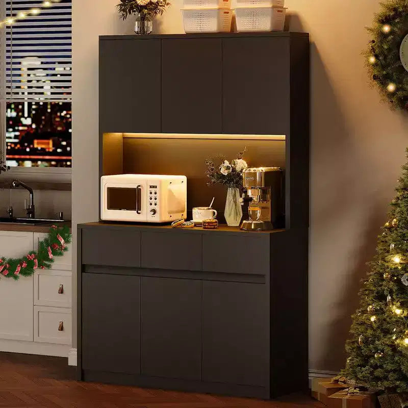 71 inch Kitchen Pantry Cabinet, Hutch Storage with Led Lights and Power Outlets, Buffet Cabinet with Microwave Stand, Adjustable Shelves