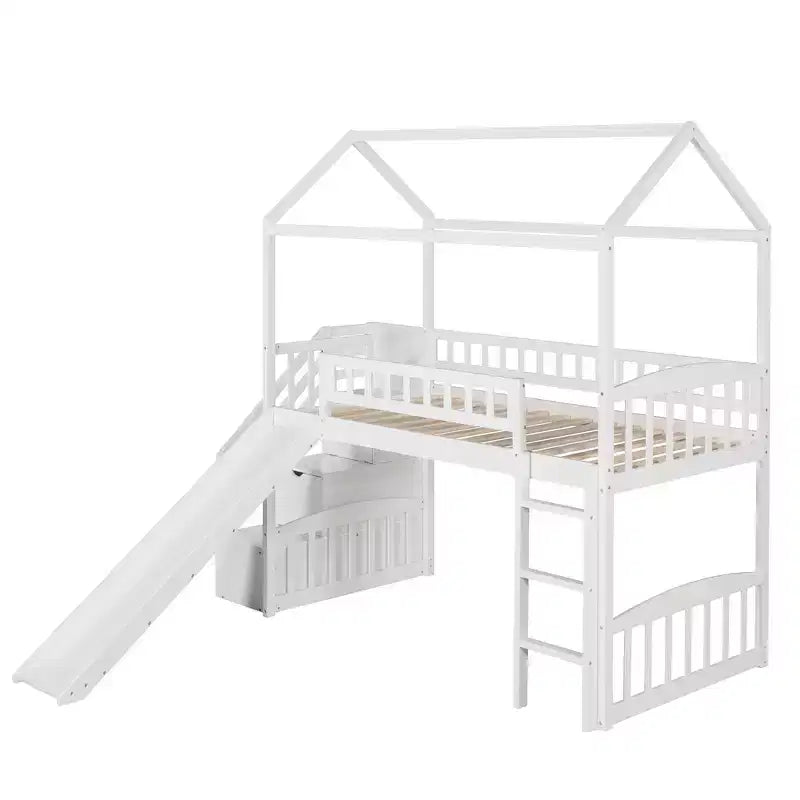 Twin House Loft Bed with Slide and Stairs, Loft Bed with Storage Drawers, Wood Cabin Loft Bed for Kids Toddlers