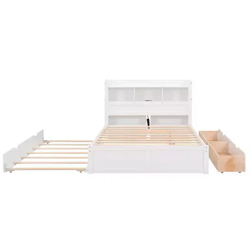 Eenpersoons platformbed met opbergruimte, uitschuifbed, boekenkasthoofdbord en oplaadstation, houten bedframe met planken en laden