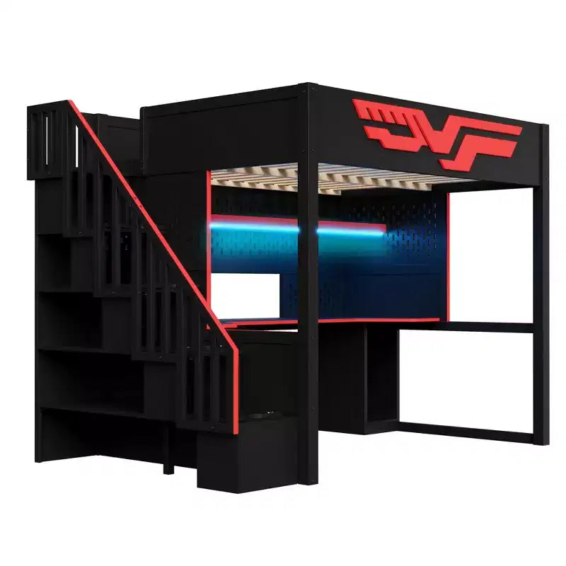 Gaming-Hochbett in Full-Größe mit Schreibtisch und LED-Beleuchtung, hölzernes Hochbett mit Treppe, Stauraumtreppe und USB-Anschluss, Rot+Schwarz