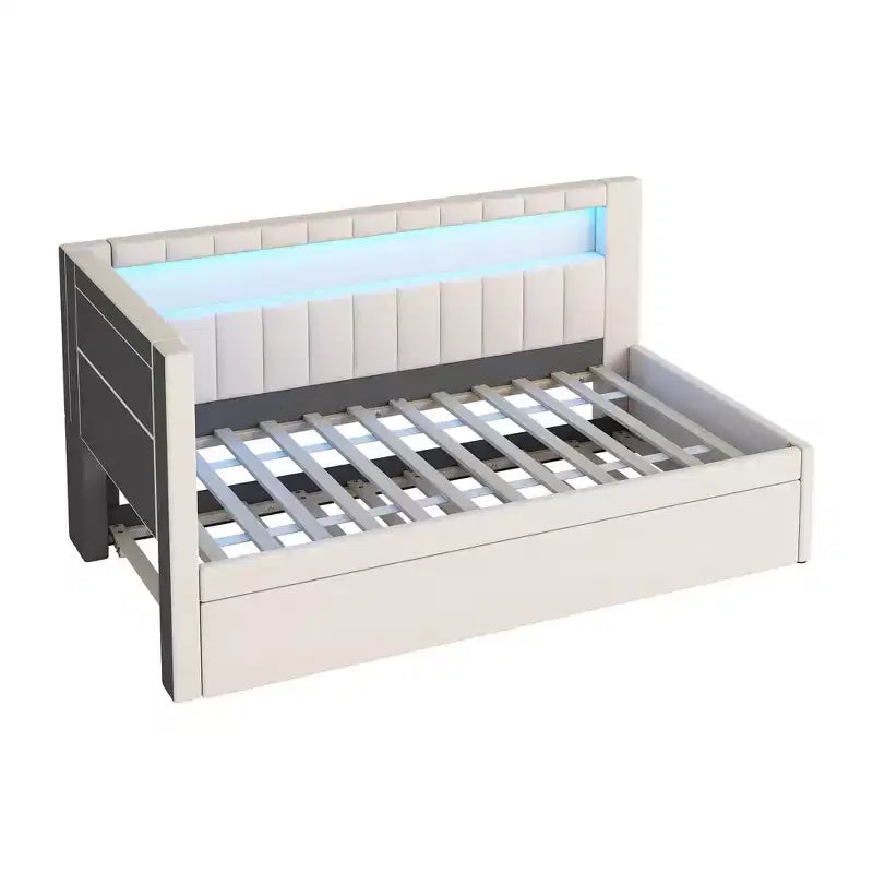 Daybed in Twin-/Full-Größe mit Ausziehbett und L-förmigem Bücherregal-Kopfteil, weiches Eckbett mit Leinenpolsterung, Ablagefächern und LED-Band