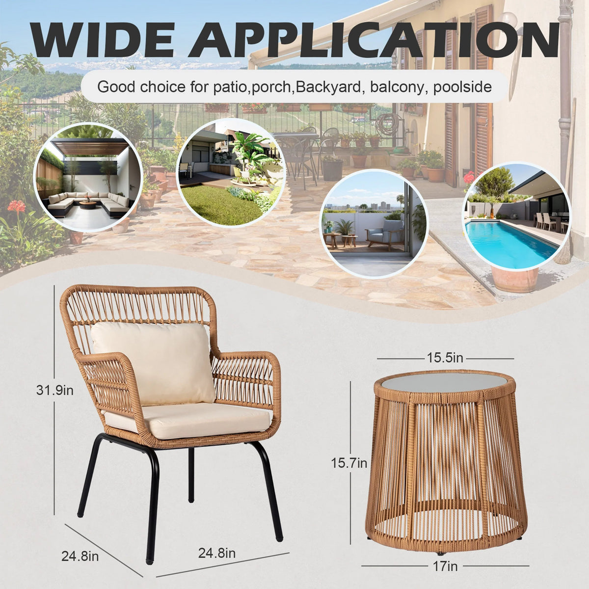 3 Piece Outdoor Wicker Conversation Bistro Set, All-Weather Rattan Furniture Patio Chairs Set with Cushions