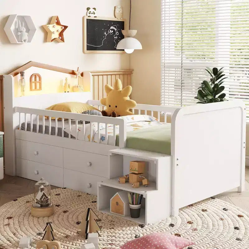 Whisen Low Twin Loft Bed with LED Lights, House Shape Headboard & Storage Drawers, Solid Construction
